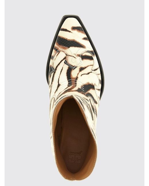 Ganni White Low-Shaft Zebra Print Cowboy Boots With An Almond Toe