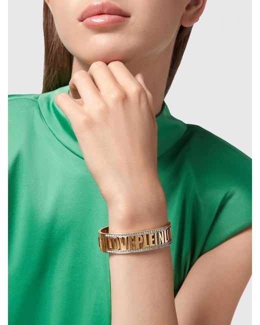 Philipp Plein Metallic Rigid Steel Bangle Bracelet With Crystals And Logo Lettering