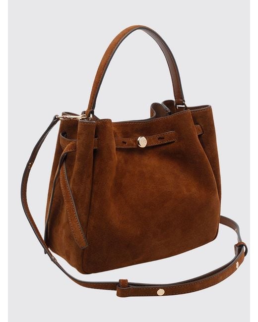 Tory Burch Brown Romy Suede Mini Handbag With A Flared Shape And Metal Logo