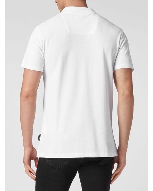 Philipp Plein White Slim Fit Cotton Polo Shirt With Hexagon Logo And Ribbed Collar for men