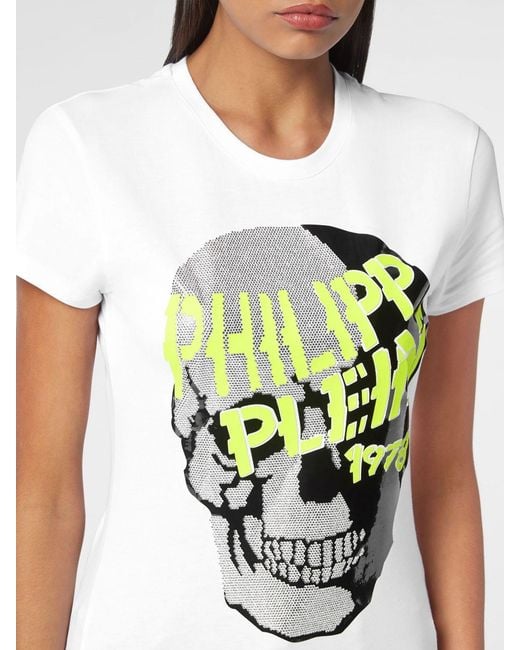 Philipp Plein White Slim Fit Jersey T-Shirt With Rhinestone Skull Print