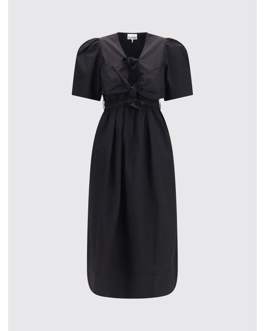Ganni Black Stretch Cotton Midi Shirt Dress With Puff Sleeves And V-Neck