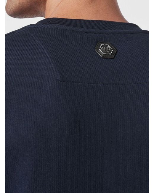Philipp Plein Blue Cotton Crewneck Sweatshirt With Dropped Shoulders And Contrast Logo for men