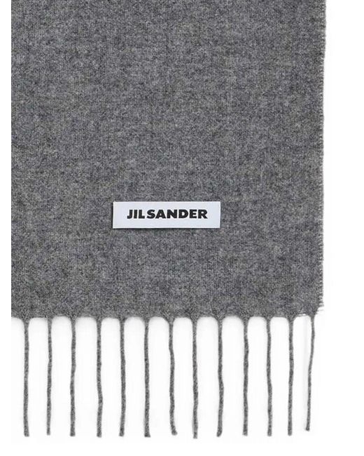 Jil Sander Gray Pure Virgin Wool Scarf With Fringed Edges And Logo for men