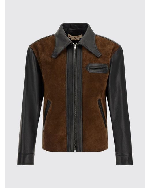 Marni Black Bicolor Suede Leather Jacket With Pointed Collar for men