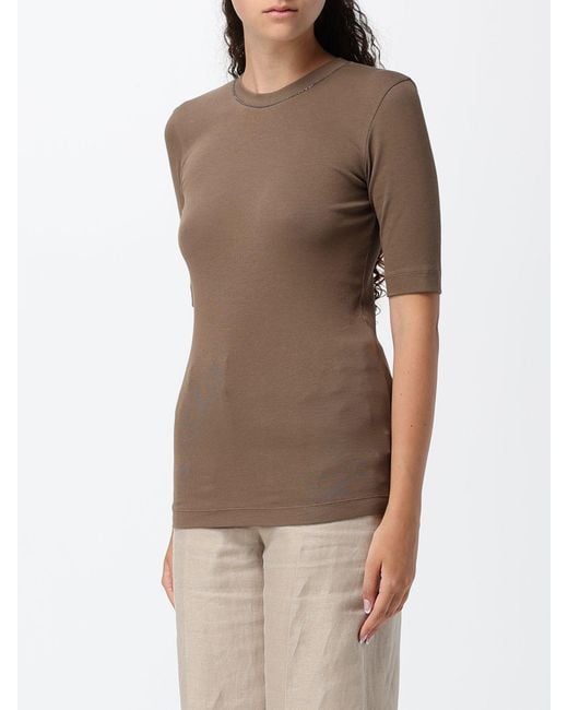 Brunello Cucinelli Brown Stretch Cotton T-Shirt With Monili Embellishment