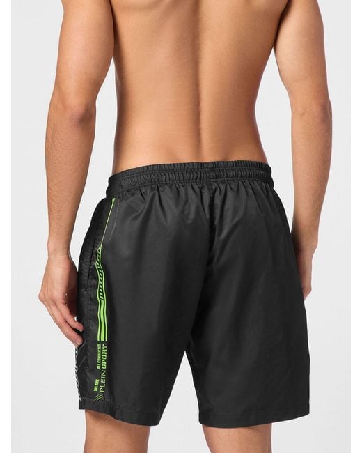 Philipp Plein Black Striped Polyester Swim Shorts With Logo for men