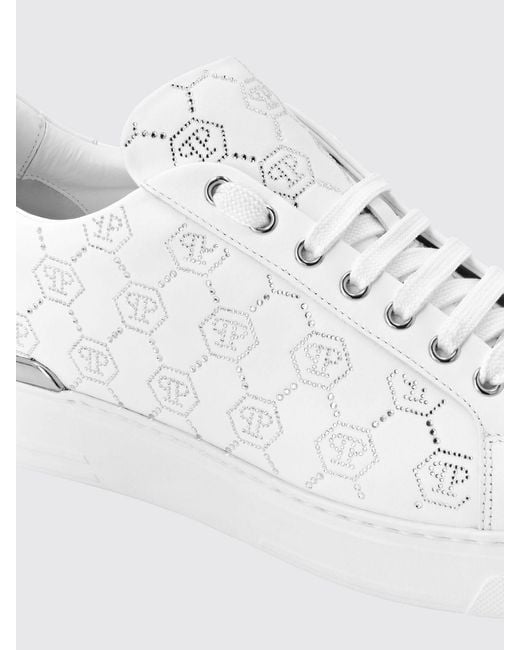 Philipp Plein White Leather Sneakers With Rhinestone Hexagon for men