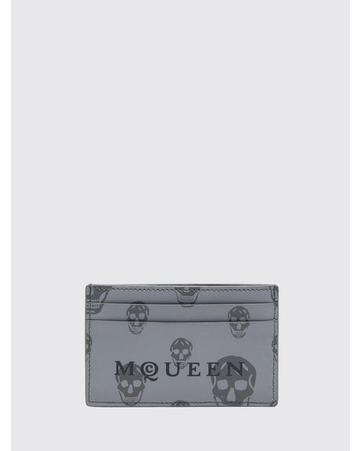 McQueen Gray Skull Printed Leather Card Holder for men