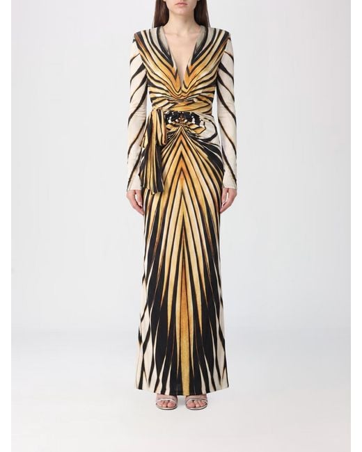 Roberto Cavalli Metallic Slim Fit Abstract Print Long-Sleeved Sheath Gown