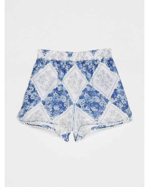 Twinset Blue Floral Raffia And Cotton Shorts