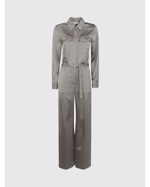 Michael Kors Gray Recycled Fabric Cargo Jumpsuit With Long Sleeves And Adjustable Belt