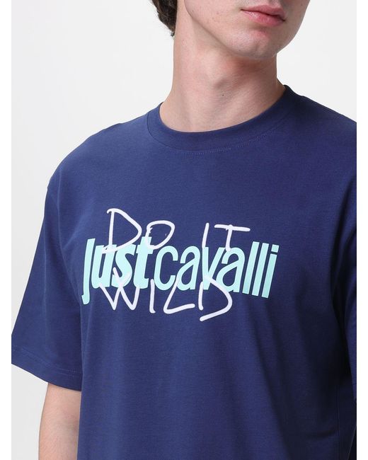 Just Cavalli Blue Cotton T-Shirt With Logo for men