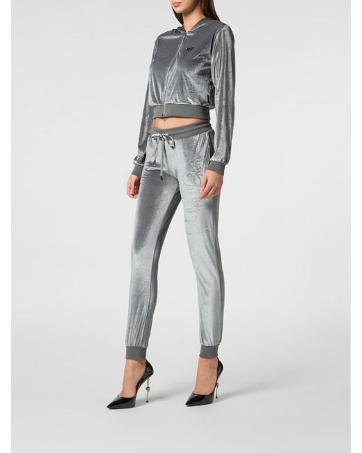Philipp Plein Gray Cropped Velvet Zip-Up Hoodie With Rhinestone Logo Detail