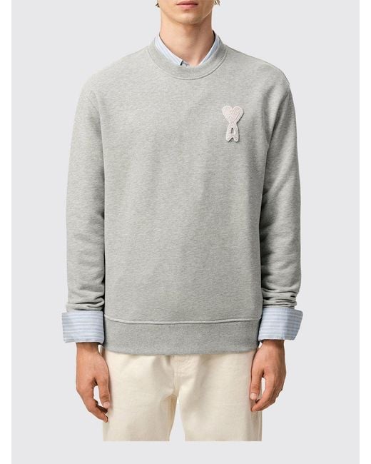 AMI Gray Cotton Crew-Neck Sweatshirt With Logo for men