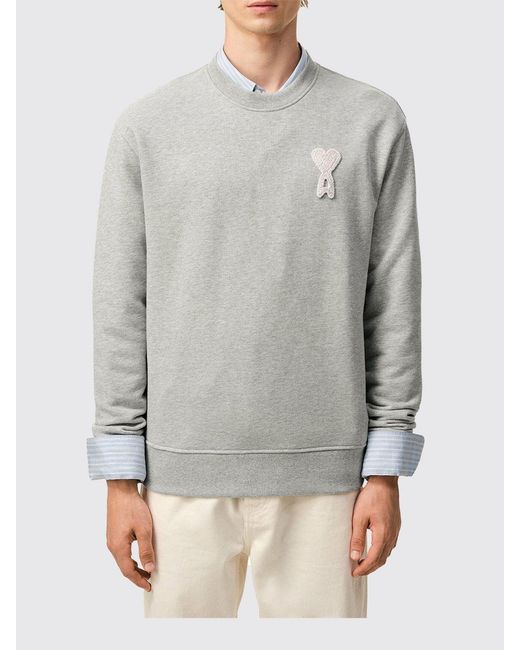 AMI Gray Cotton Crew-Neck Sweatshirt With Logo for men