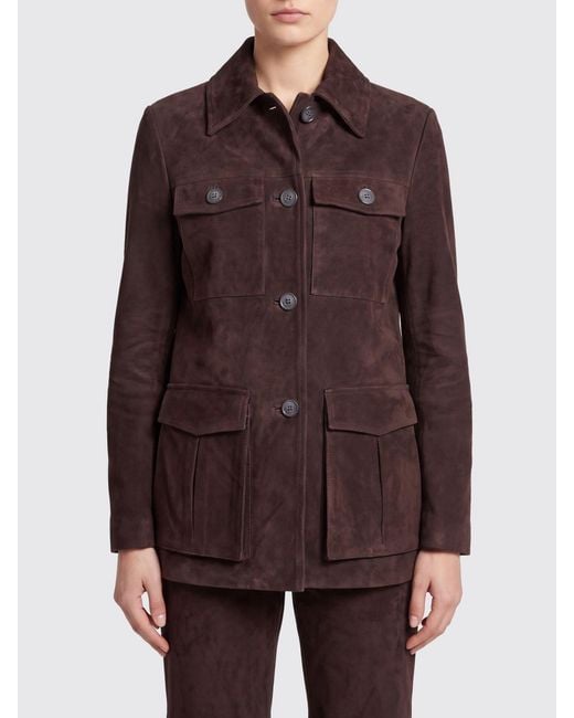 Semicouture Brown Cropped Suede Leather Shirt Jacket With Patch Pockets