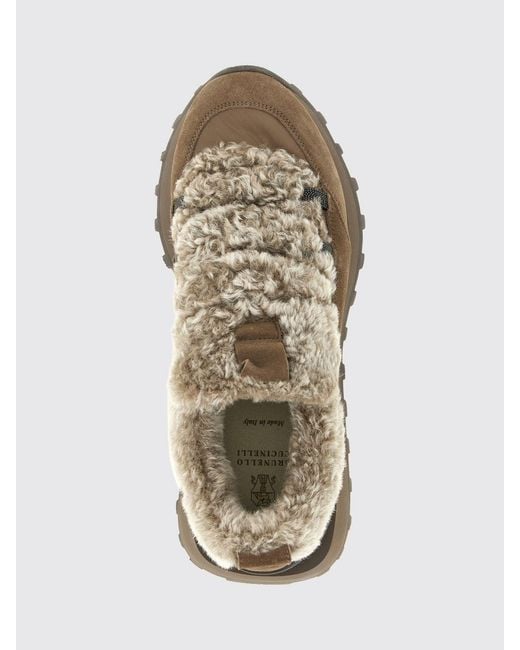 Brunello Cucinelli Brown Leather And Shearling Low Top Sneakers With Monili Detail