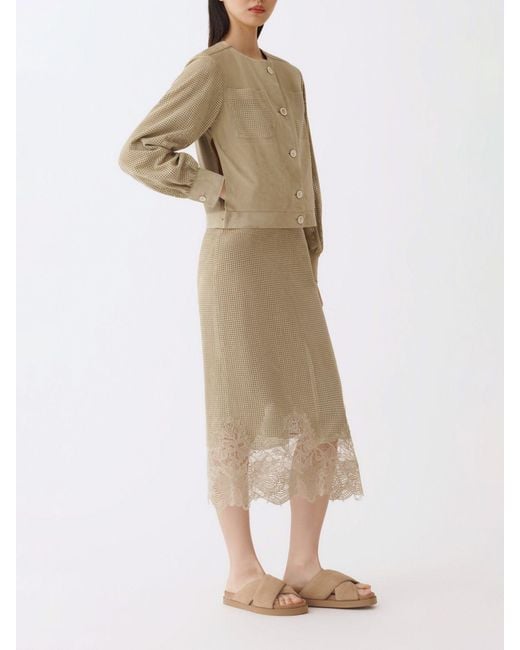 Fabiana Filippi Natural Perforated Suede Midi Skirt With Lace Inserts