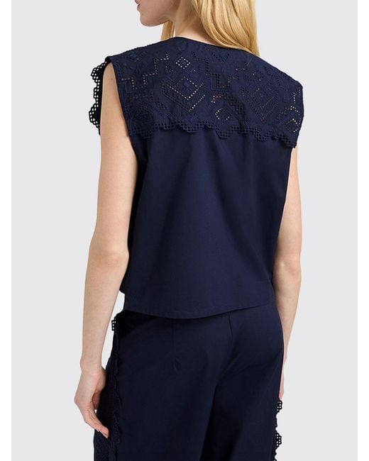 Momoní Blue MomonÌ Sleeveless Openwork Cotton Blouse With Embroidery