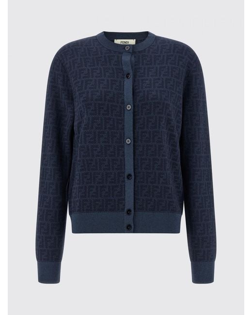 Fendi Blue Ff Wool Crewneck Cardigan