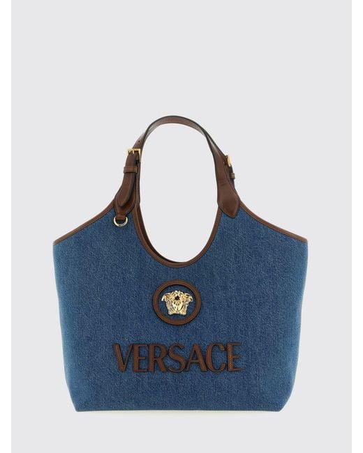 Versace Blue Medusa Cotton And Leather Tote Bag