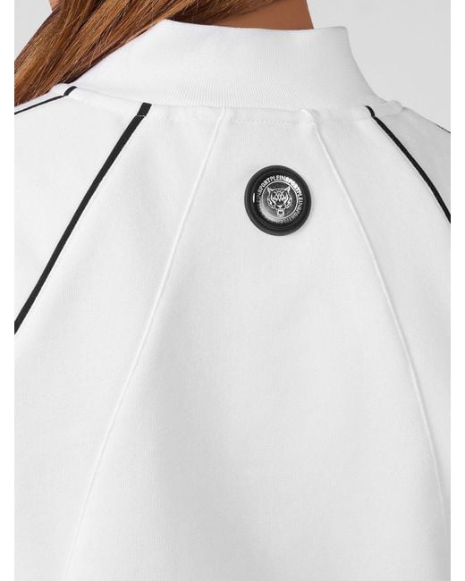 Philipp Plein White Cropped Zip-Up Jersey Sweatshirt With Funnel Neck