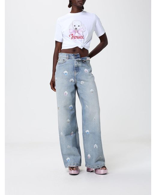 Fiorucci Blue Printed Denim Wide Leg Jeans