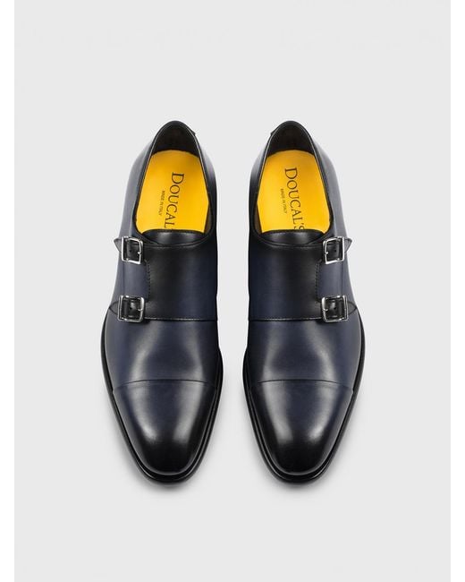 Doucal's Blue Leather Monk Strap Shoes for men