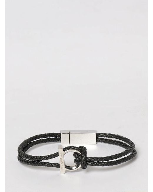 Ferragamo Black Gancini Leather And Brass Bracelet for men