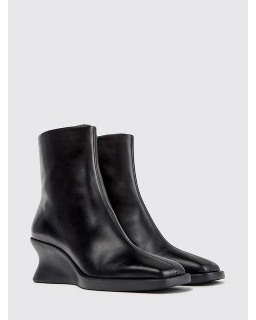 Camper Black Louise Smooth Leather Wedge Ankle Boots With Squared Toe