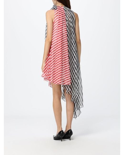 MSGM Red Asymmetric Striped Crêpe Midi Dress With Halter Neck