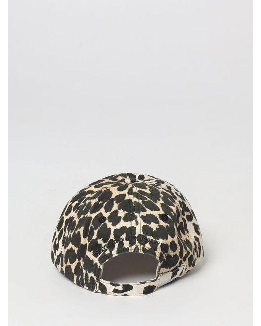 Ganni Brown Embroidered Logo Animal Print Cotton Twill Hat