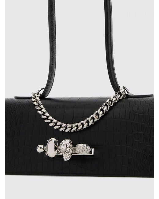 McQueen Black Jewelled Croc-Print Leather Bag