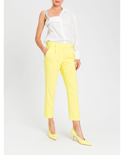 Twinset Yellow One-Shoulder Cotton Shirt With Rhinestones