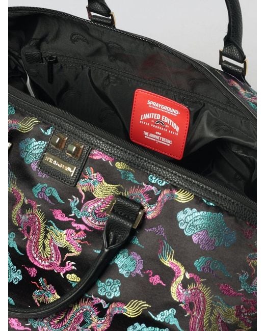 Sprayground Black Embroidered Dragons Printed Nylon Duffle Bag for men