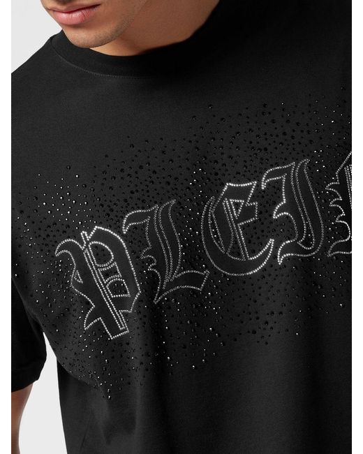Philipp Plein Black Cotton Crew Neck T-Shirt With Rhinestone Logo Lettering for men