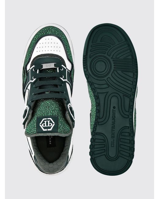 Philipp Plein Green Leather And Rubber Rhinestone Sneakers for men
