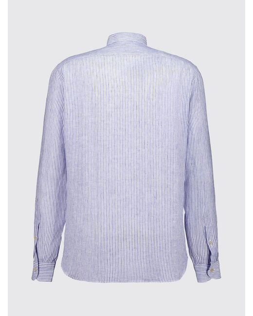 Boglioli Blue Striped Linen Slim Fit Shirt With Mandarin Collar for men