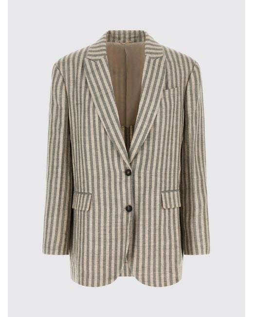 Brunello Cucinelli Gray Striped Linen Single-Breasted Blazer With Peak Lapels