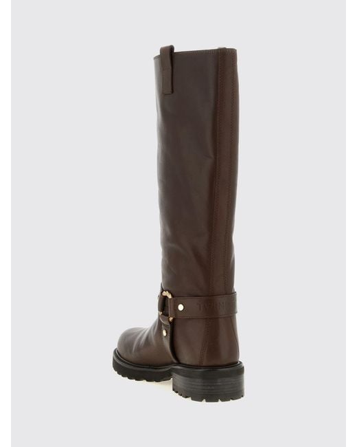 Twinset Brown Knee-High Leather Biker Boots With Lug Sole