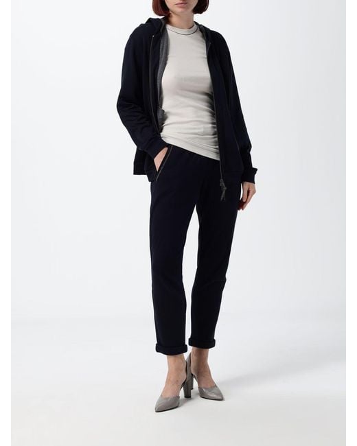 Brunello Cucinelli Blue Cotton Zip-Up Hoodie With Monili Embellishment