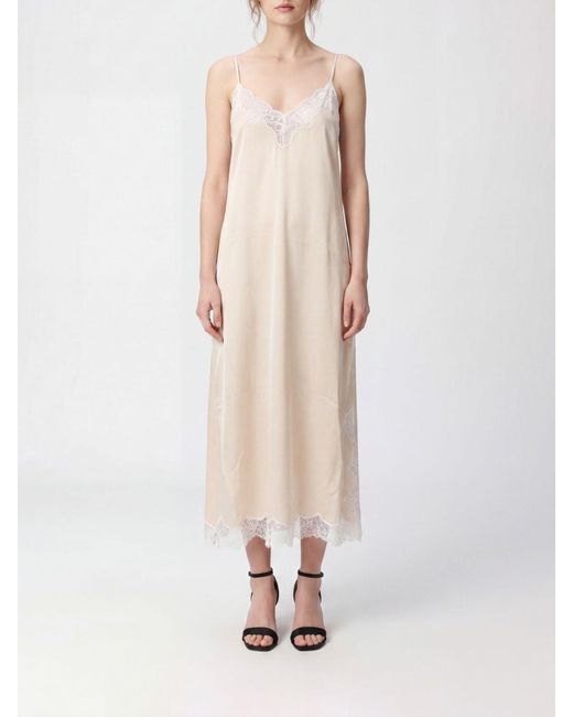 Mes Demoiselles White Midi Silk Slip Dress With Lace Inserts And V-Neck