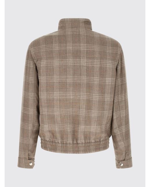 Brunello Cucinelli Brown Wool And Silk Bomber Jacket With Tartan Plaid Pattern for men