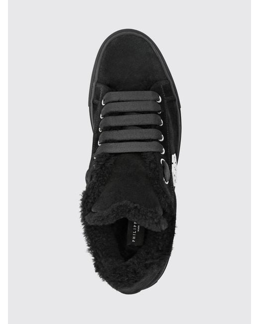 Philipp Plein Black Low-Top Leather And Suede Sneakers With Hexagon Logo And Shearling Lining for men