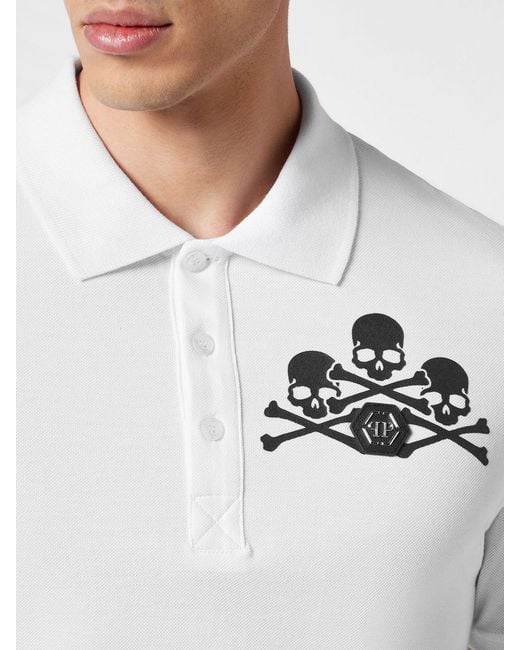 Philipp Plein White Slim Fit Cotton Polo Shirt With Skull Print And Hexagon Logo for men