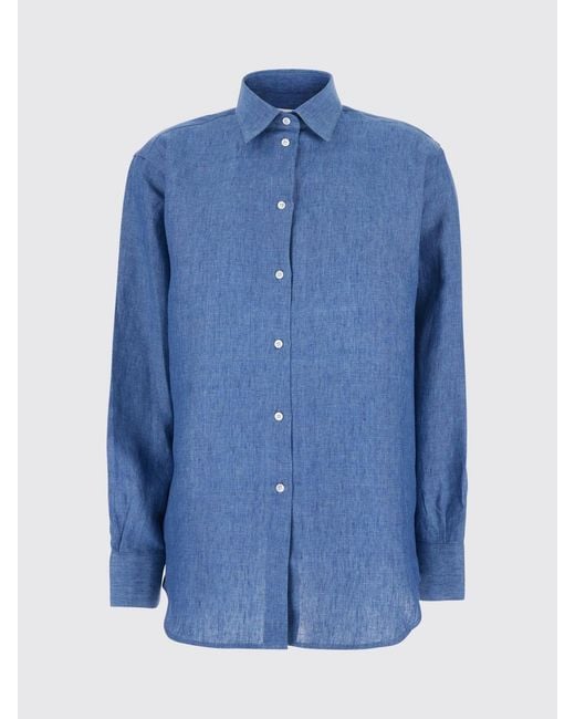 Rohe Blue Long-Sleeved Linen Shirt With Classic Collar And Curved Hem