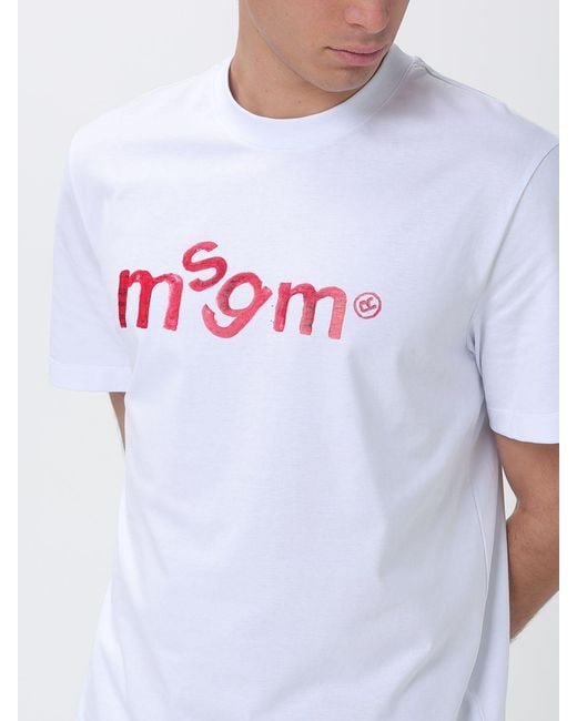 MSGM White Cotton T-Shirt With Logo for men