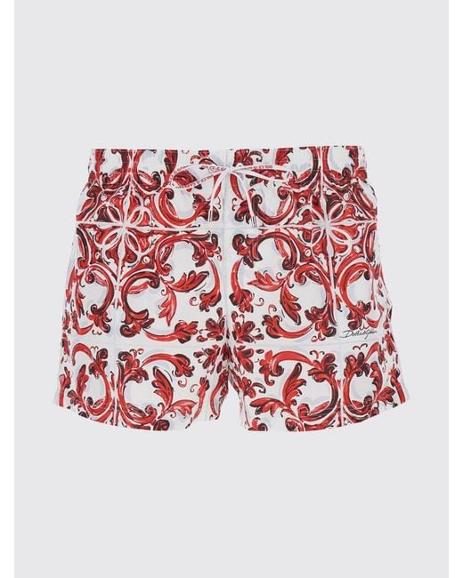 Dolce & Gabbana Red Dolce &Amp Gabbana Majolica Print Boxer Swim Shorts With Logo Waistband for men