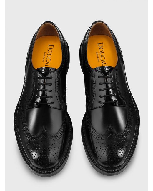 Doucal's Black Brushed Leather Derby Shoes With Brogue Motif for men